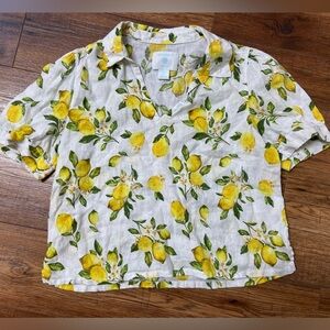 Cynthia Rowley 100% linen lemons pullover blouse top short sleeve medium